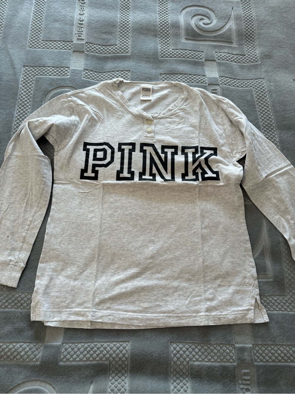 PINK Victoria's Secret Light Gray Long-Sleeve Henley Tee with Black Logo